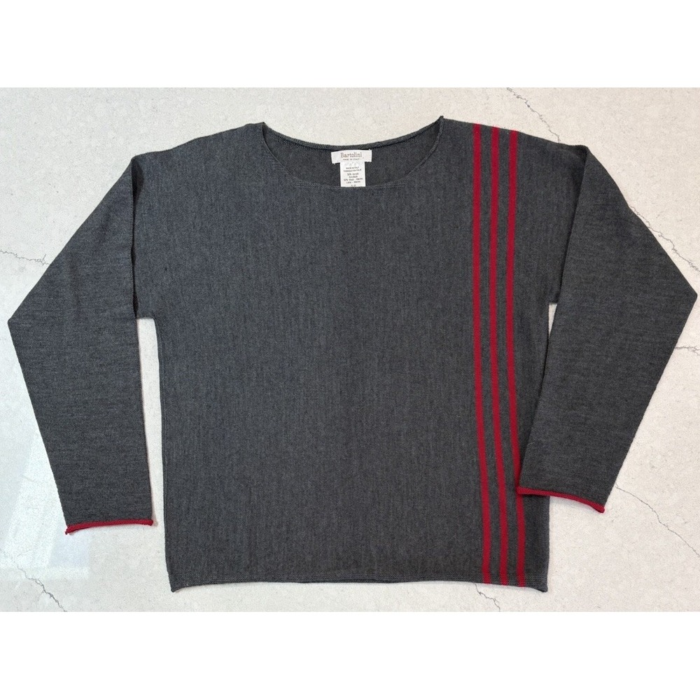 Bartolini Italy Gray Merino Wool Blend Asymmetric Red Stripe Sweater Top S/P